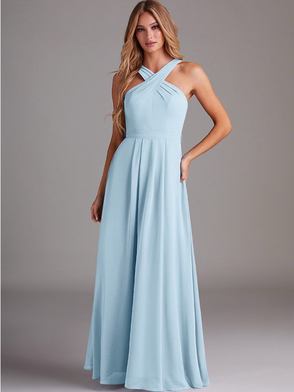 Azazie Light Blue Crisscross Halter Maxi Dress